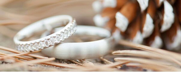 Elegant Diamond Engagement Ring and Classic Wedding Band on Natural Backdrop