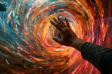 Poster - An abstract of a person reaching out to touch a mirror, but their hand is met by a swirling vortex