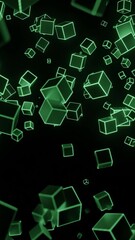 Poster - Black background. Design.Small squares of neon green are scattered in different directions in abstraction.