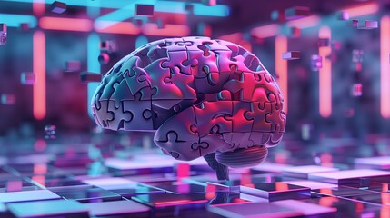 Poster - A illustration of a human brain composed of floating, interconnected puzzle pieces. The pieces are