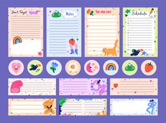 Poster - Paper sheet designs set. Notebook and diary blank pages for notes, schedule, to-do lists, funny round stickers. Vertical and horizontal templates with comic cute decorations. Flat vector illustrations