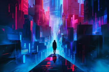 A style illustration of a person standing on a narrow path surrounded by towering abstract