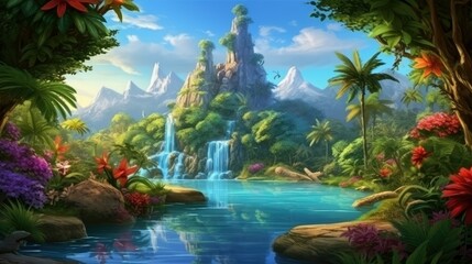 Wall Mural - A beautiful landscape with a waterfall, a lake, and a mountain in the background.