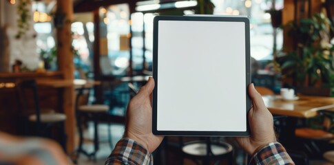 Poster - Male freelancer holding blank tablet screen and reading