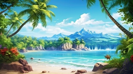 Wall Mural - Beautiful summer landscape with a tropical beach, palm trees and mountains in the background.