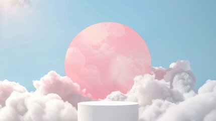 Wall Mural - White two-step podium with decorative circle in fluffy clouds on pink and blue gradient background. Realistic modern pastel scene with round platform for goods display.