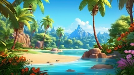 A beautiful landscape of a tropical island with a sandy beach, palm trees, and blue ocean.