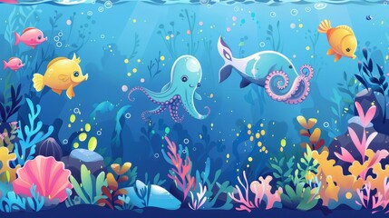 Poster - Modern banners of global environment event with cartoon illustration of funny wild marine animals in the ocean. World Ocean Day posters with cute fish, octopus and seahorse characters deep