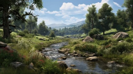 Wall Mural - A beautiful landscape with a river running through it. The river is surrounded by green trees and grass. There are mountains in the background.