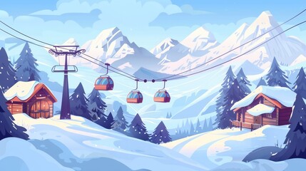 Modern cartoon illustration of ski resort with cable cars in the mountains, wooden chalet houses, trees, Alpine landscape, holiday recreation.