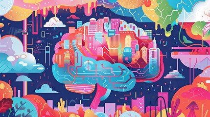Aufkleber - A cartoon style illustration of a human brain depicted as a fantastical cityscape, with buildings