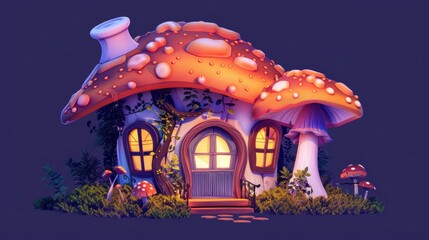 Canvas Print - The houses of fairyland are made up of mushrooms, tree stumps, plants, and moss. They are cartoon illustrations of elves or animals building tiny, enchanting fantasy homes. The door and windows of