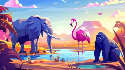 Wall Mural - Animals in the savannah at a watering hole. Savanna or desert landscape with a river and cute elephants, gorillas, hippopotamuses and flamingos in the water, modern cartoon illustration.