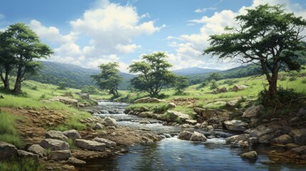 Wall Mural - A beautiful landscape with a river running through it. The river is surrounded by green trees and grass. The sky is blue and there are white clouds.