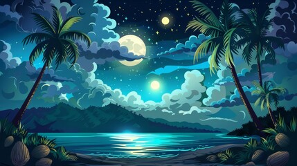 Wall Mural - Illustration of a dark tropical land with mountains, coconut trees, footpaths on the ocean shore, and moon and stars glowing in a cloudy sky at night.