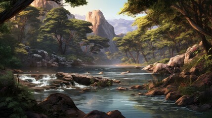 Wall Mural - The river flows through the valley, past the trees and rocks. The sun shines down, creating a beautiful scene. The water is clear and inviting.