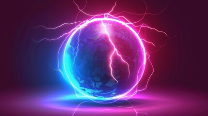 Poster - Neon glow ball with wave, lightning and energy light effects. Abstract fantasy sphere. Cartoon futuristic technology fireball. Space and time game UI.