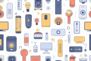 Fototapete - An illustrative pattern of smart home devices like thermostats, security cameras, smart plugs, and light bulbs, connected in a network for technological comfort. Generative AI