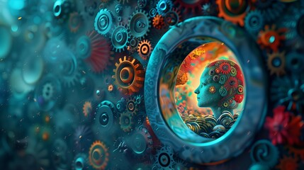 Poster - A detailed illustration of a keyhole on a door, showing an intricate world inside a person s mind,