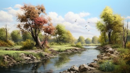 Wall Mural - The image is of a beautiful landscape with a river running through it. The trees are in full bloom and the sun is shining brightly.