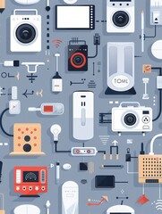 Poster - An illustration showcasing a network of smart home devices, including thermostats, security cameras, smart plugs, and light bulbs, all seamlessly connected. Generative AI