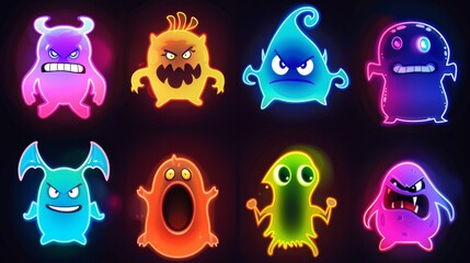 Sticker - The set presents cartoon neon color monsters isolated on black background. The illustration includes cute alien characters with funny faces. Scary Halloween creatures. Delightful comic furry mascots.