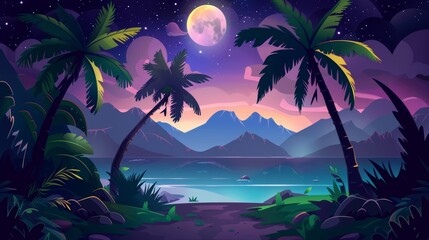 Wall Mural - Illustration of a summer night island with palm trees. Dark tropical land with mountains, coconut trees, footpaths by the sea, and moon and stars shining in a cloudy sky.