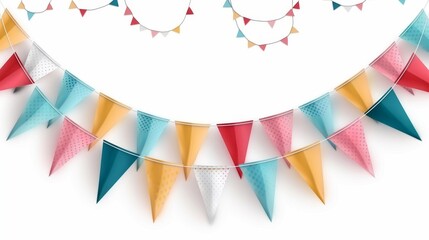 Wall Mural - A modern realistic illustration of the perfect birthday, anniversary, carnival decoration banner with colorful dotted and striped pennants on string.