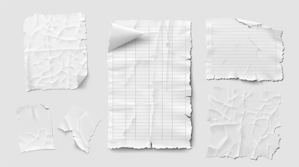 Poster - Realistic modern illustration set of empty white, lined and checkered pages with crumpled effects. Design mockup of blank sheet with crease and rough border.