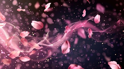 Poster - Wind wave of pink fragrance with flower petals and sparkles. Realistic 3D illustration set of rose air flow swirls and curves. Abstract scent trail.