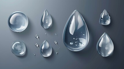 Poster - Liquid wet surface png illustration with white reflections design macro view of condensation water tears. Isolated modern droplet on transparent background. 3D clear glass drop texture set.
