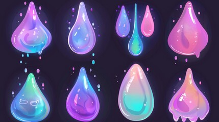 Poster - Modern 3D realistic set of white cream droplets. Close up illustration of clear coconut oil droplets isolated on transparent background. Glossy yoghurt melt leaking drip collection.
