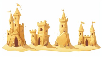 Poster - An illustration of sand castles isolated on a white background. A modern cartoon illustration of medieval fortress sculptures with towers and walls, summer beach design elements, childhood fun,