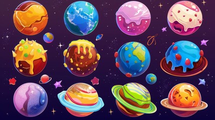 Wall Mural - A fantasy game and fairy tale alien planet made from food items. Cartoon modern set of confectionery balls for a wonder world galaxy. A sphere made of chocolate, caramel, and ice cream.