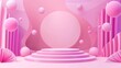 © Mark - A pink abstract background with two cylinder product pedestals and geometric fluid wave layers on a wall. A realistic 3D background with a showcase pedestal. A platform for displaying goods.