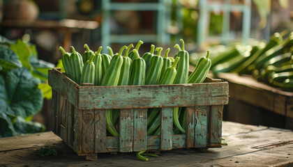 Wall Mural - Fresh Green Vegetables in a Rustic Wooden Crate