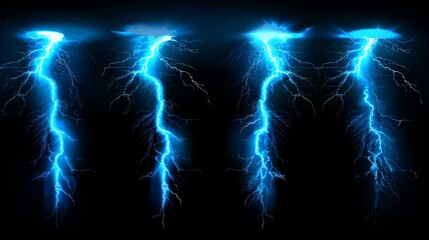 Poster - Electric thunderbolt strike during night storm, impact, crack, magical energy flash. Powerful electrical discharge, Beautiful 3d modern bolts isolated on black background