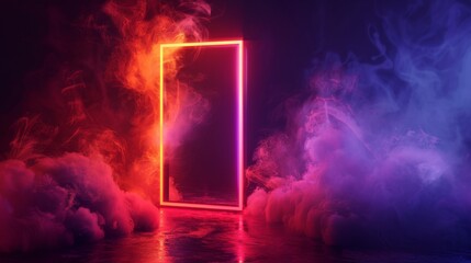 Poster - in the middle of the stage you see a neon light door on a black background. a realistic illustration