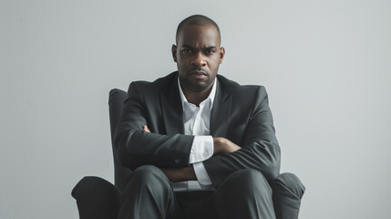 Wall Mural - Serious businessman with short hair sitting with arms crossed in front of gray background. He is wearing a dark suit and white shirt, expressing determination and authority