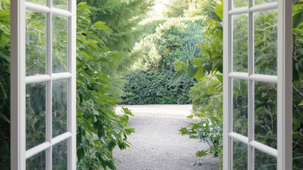 Open window revealing a lush garden path surrounded by green foliage. The peaceful and refreshing scene invites relaxation and tranquility