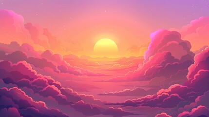 Wall Mural - An anime cloud scene at sunset. Summer cloudy weather air design. Beautiful pink, orange and purple evening panorama wallpaper. A fluffy romantic horizon graphic illustration in a romantic setting.
