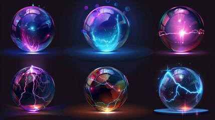 Poster - Light-up magic ball with glow effect. Realistic 3D illustration of realistic fantasy orbs with lightnings and sparklies. Clear crystal magician ball with glowing plasma.