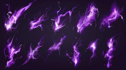 Wall Mural - Isolated purple lightning bolts hit the ground on black background. Sparking electric strikes, storm discharges, lightning attack effect, modern cartoon illustration.