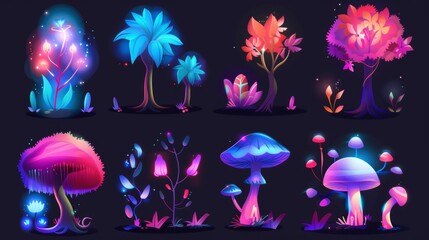 Wall Mural - Luminous fantasy wonderland tree, flower, and mushroom. Illustration set of luminous alien forest plants. Beautiful luminous strange vegetation of an alien forest.