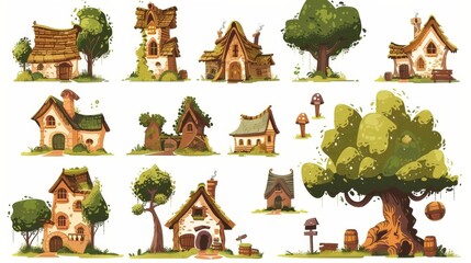 Poster - The cute fantasy fairy medieval cottages are made from stone and wood, trees and logs for creating country rural scenery based on fairytale village houses and landscape elements.
