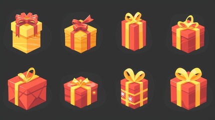 Wall Mural - Set of gift boxes isolated on black background. Red and yellow paper wrapped presents, decorated with ribbon bows, discount icon, holiday gift boxes.