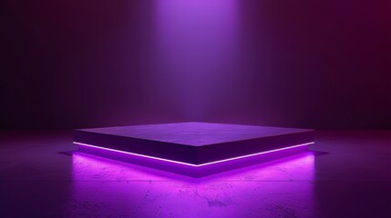 Wall Mural - A 3D purple square neon light podium glows for the game. A Led effect hologram and a product display platform in the dark. A cyber laser room and pedestal for the casino winner presentation. If you