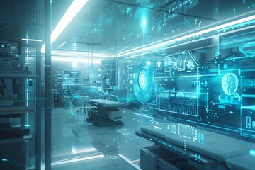 Poster - A futuristic medical lab with AI driven diagnostic machines and holographic displays. The scene is