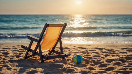 Sea with beach and sky view in summer, sun umbrella, beach chair, ball. Creative banner. Image Copyspace 