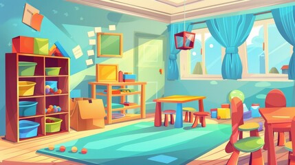 Naklejka na meble Classroom cartoon. Preschool indoor playground for education game design with cute furniture drawing. Table, chair, shelf and cube activity inside.